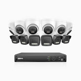 H500P - 3K 16 Channel PoE Security System with 6 Bullet & 6 Turret Cameras, Color & IR Night Vision, 3072*1728 Resolution, f/1.6 Aperture (0.005 Lux), Human & Vehicle Detection, Built-in Microphone,IP67
